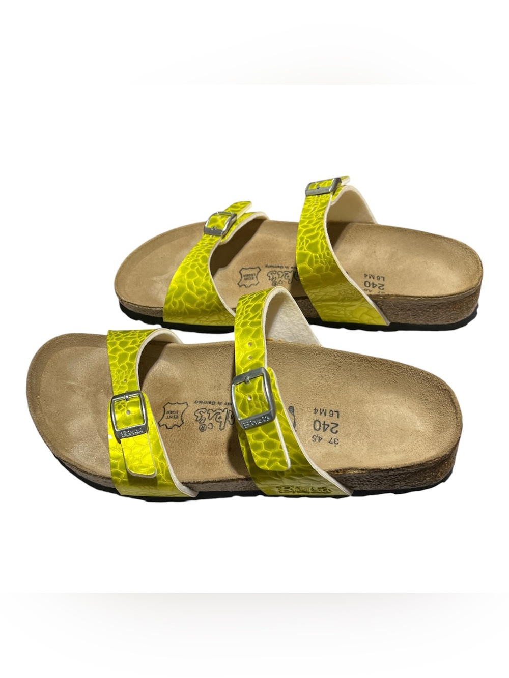 BIRKI’S Lime Textured Double-Strap Slide Sandals with Adjustable Buckles